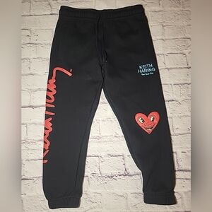 🔥Small Keith Haring x Shoe Palace Heart Black Sweat Mens Black Joggers Spring